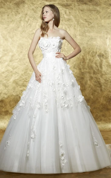 Ball-Gown Sleeveless Strapless Long Floral Tulle Wedding Dress With Backless Style And Bow