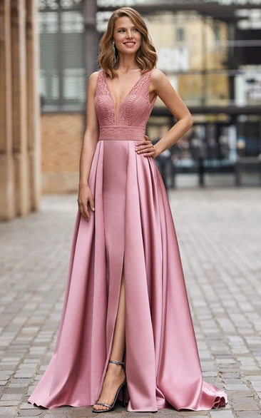 Satin A-Line Evening Dress with Plunging Neckline and Front Split Elegant Wedding Dress