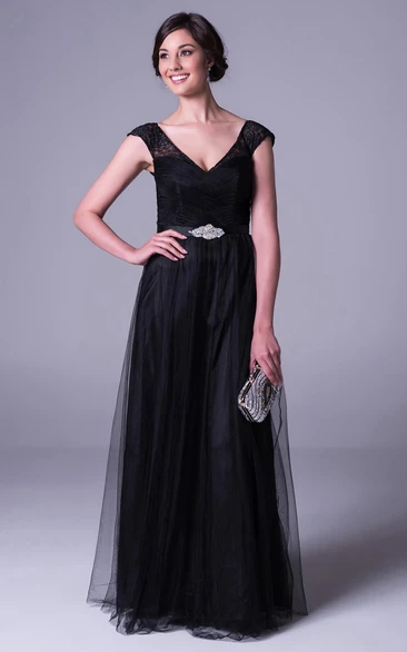 Sheath V-Neck Cap-Sleeve Maxi Lace Tulle Bridesmaid Dress With Waist Jewellery