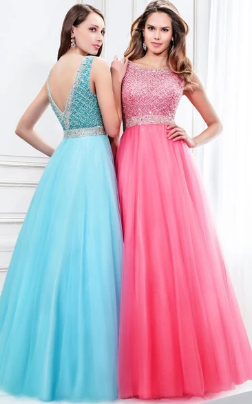 A-Line Sleeveless Scoop Neck Beaded Tulle Prom Dress