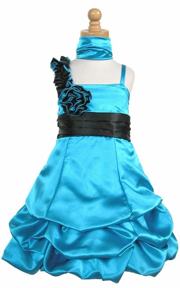 Midi Cape Floral Ruched Satin Flower Girl Dress With Ribbon