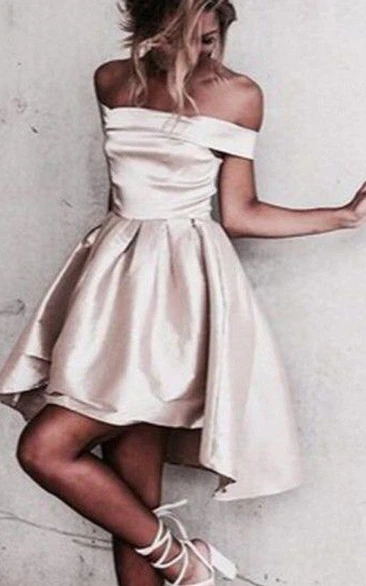 A-line Off-the-shoulder Sleeveless Ruching Short Mini High-low Satin Homecoming Dress