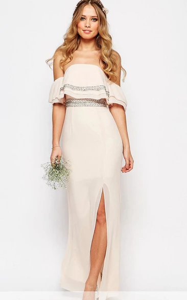 Sheath Ankle-Length Strapless Beaded Chiffon Bridesmaid Dress