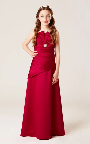 Floor-Length Strapless Floral Satin Bridesmaid Dress With Ruching And Lace-Up