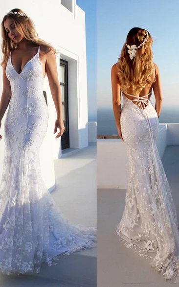 Sexy Lace Mermaid Wedding Dress with Spaghetti Straps Bohemian Beach Style