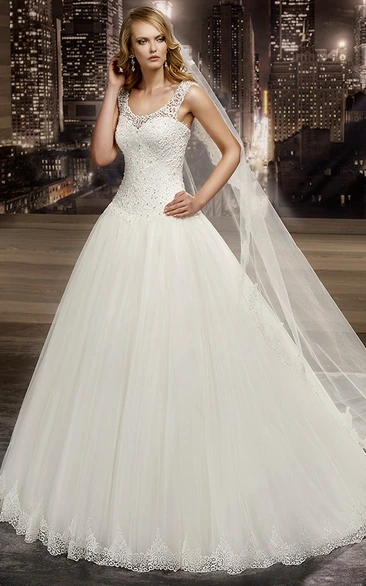 Scooped-Neck Cap Sleeve A-Line Bridal Gown With Illusive Neckline And Beaded Bodice