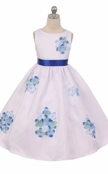 Tea-Length Floral Beaded Floral Flower Girl Dress With Ribbon