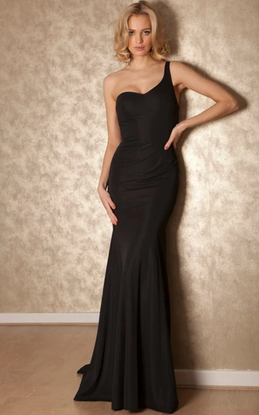 Sheath Sleeveless Floor-Length One-Shoulder Jersey Prom Dress With Straps And Sweep Train