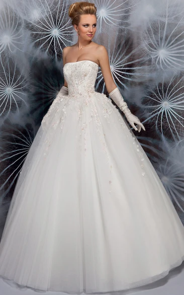 Long Strapless Appliqued Tulle Wedding Dress With Ribbon And Corset Back