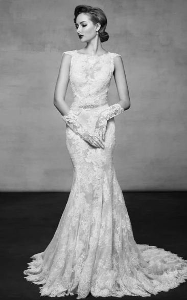 Long Bateau Cap-Sleeve Appliqued Lace Wedding Dress With Waist Jewellery