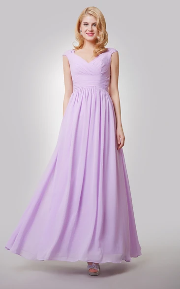 Cap-Sleeved V-Neck Pleated Chiffon Dress With Ruching and Back Bow