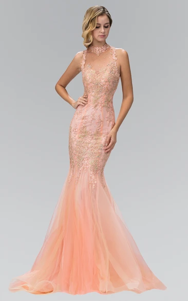 Mermaid Halter Sleeveless Tulle Illusion Dress With Appliques And Beading
