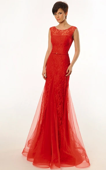 Trumpet Sleeveless Scoop Appliqued Floor-Length Lace&Tulle Prom Dress With Low-V Back And Ruffles