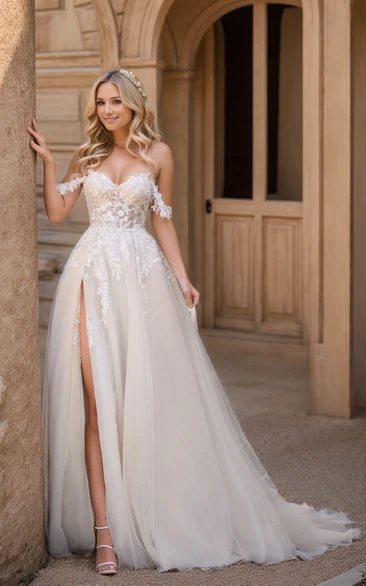Sleeveless Off-the-shoulder Split A-Line Floor-length Wedding Dress with Appliques