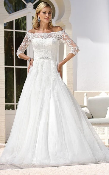 A-Line Maxi Off-The-Shoulder 3-4-Sleeve Tulle Wedding Dress With Appliques