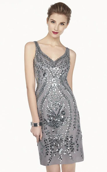 V Neck Sheath Knee Length Prom Dress With Allover Sequined Leaves