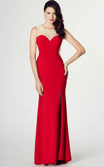 Beaded Scoop Neck Sleeveless Jersey Prom Dress With Illusion Back