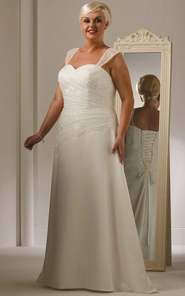 Cap Sleeve Lace Top Taffeta Bridal Gown With Lace Up