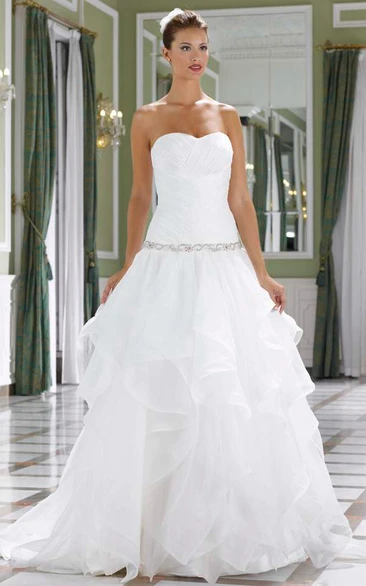 A-Line Sleeveless Strapless Long Cascading-Ruffle Organza Wedding Dress With Waist Jewellery And Ruching