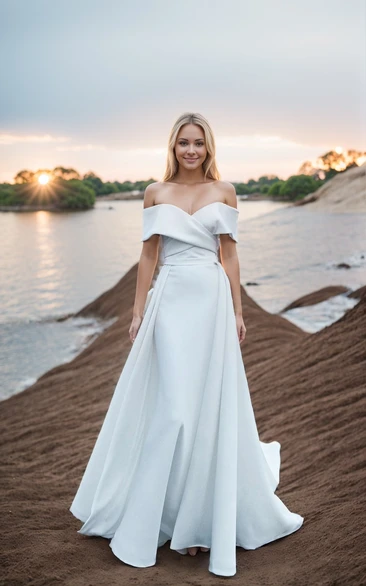 Satin Solid Ruching Off-the-Shoulder Sexy A-Line Long Sweep Train Wedding Gown