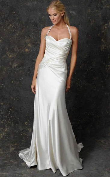 Sheath Ruched Haltered Floor-Length Sleeveless Satin Wedding Dress With Broach