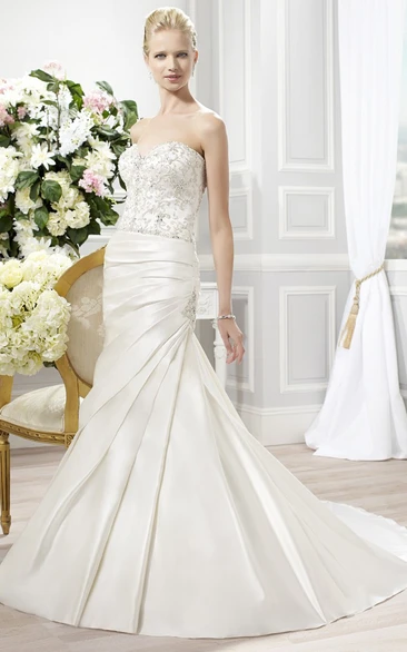 Trumpet Floor-Length Sweetheart Sleeveless Beaded Satin Wedding Dress With Side Draping And Corset Back