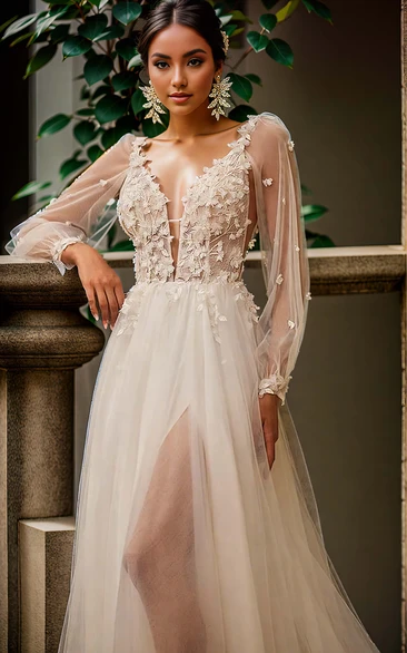 Sexy Lace Appliques Tulle A Line Bridal Wedding Dress