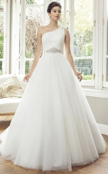 Ball Gown Sleeveless One-Shoulder Jeweled Tulle Wedding Dress With Ruching And Epaulet
