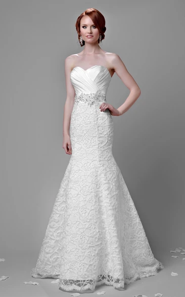 Fit And Flare Lace Sweetheart Gown Featuring Ruched Satin Bust