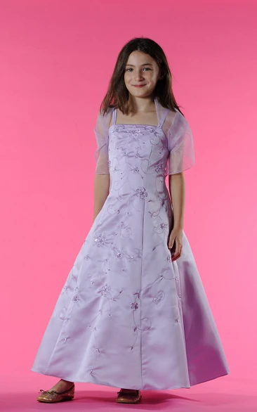 Flower Girl Organza Sleeve A-line Satin Long Dress With Embroidery