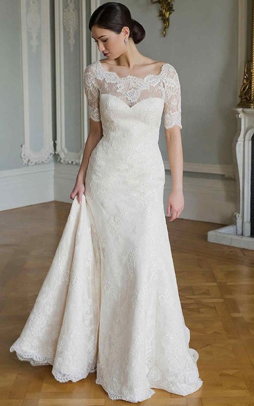 Sheath Short-Sleeve Scoop-Neck Lace Wedding Dress With Illusion