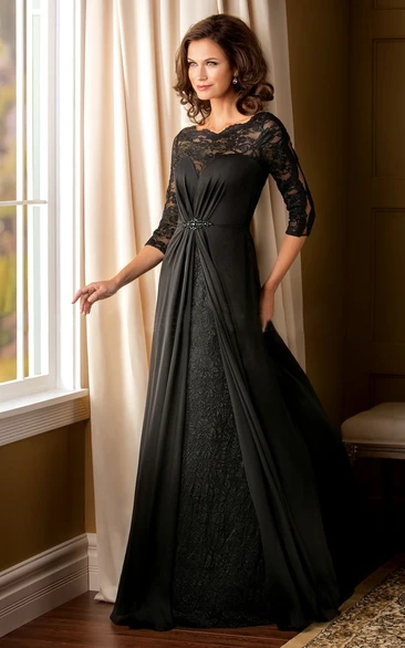 3-4 Sleeved A-Line Mother Of The Bride Dress With Beadings And Illusion Lace Style