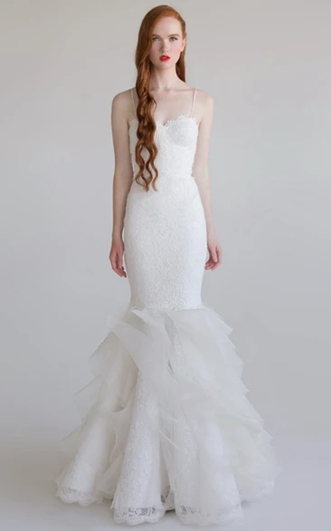 Mermaid Floor-Length Pick-Up Sleeveless Spaghetti Lace&Tulle Wedding Dress With Ruffles