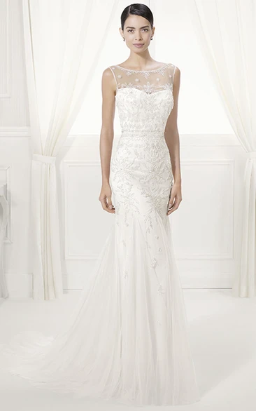 Jewel Neck V Back Sheath Tulle Wedding Gown With Appliques