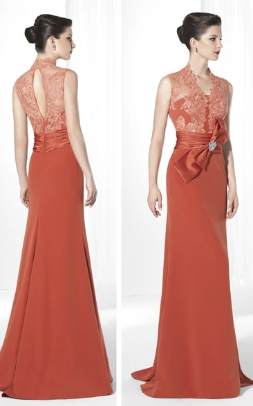 Sheath V-Neck Bowed Floor-Length Sleeveless Jersey&Lace Prom Dress With Appliques