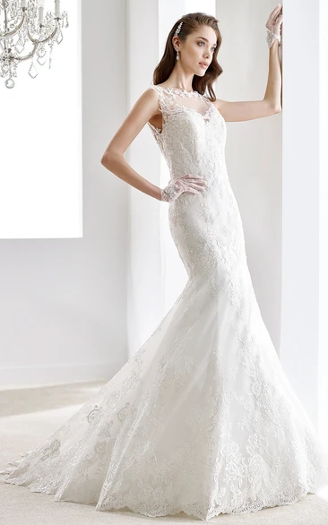 Cap sleeve Brush-train Sheath Lace Wedding Gown with Illusive Neckline and Back