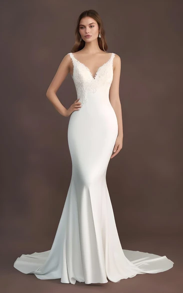 Elegant Mermaid Satin Lace Wedding Dress V-neck Garden Sweep Train 2023