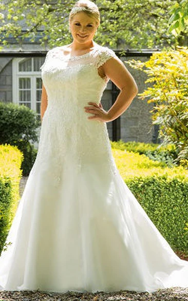 Scoop Neck Cap Sleeve Organza Bridal Gown With Lace Top