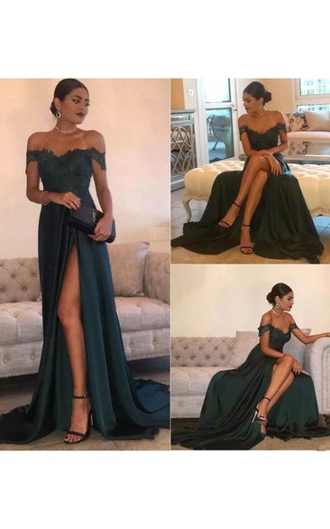 Sleeveless A-line Off-the-shoulder Floor-length Court Train Chiffon Lace Evening Dress with Split Front