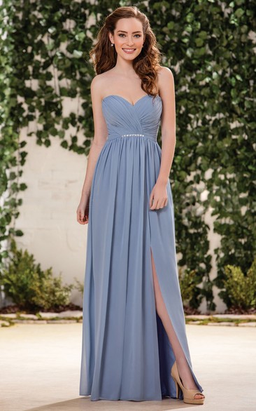 Sweetheart A-Line Chiffon Bridesmaid Dress With Front Slit And Crystals