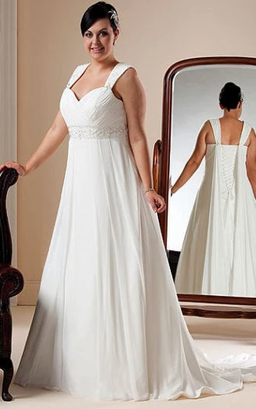 Empire Plus Size A-Line Bridal Gown With Lace Up And Straps