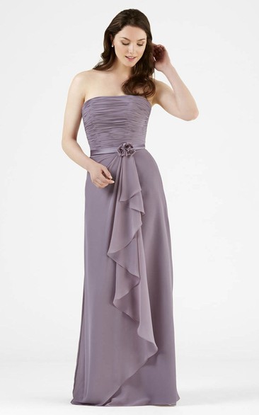 Strapless Ruched Chiffon Bridesmaid Dress With Flower And Draping