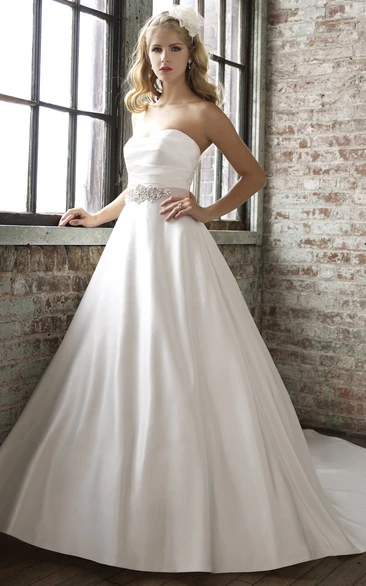 Floor-Length Strapless Jeweled Satin Wedding Dress With Court Train