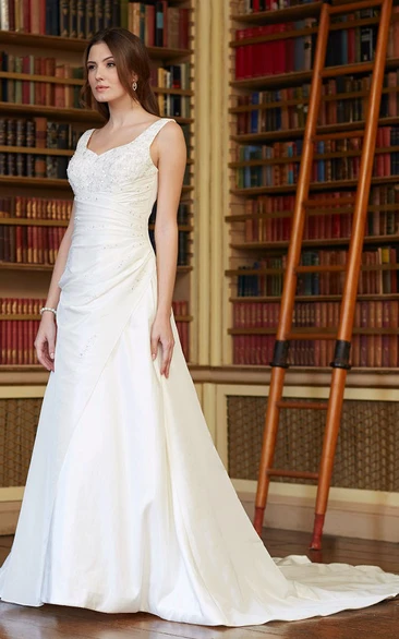A-Line Long Beaded V-Neck Sleeveless Satin Wedding Dress With Low-V Back And Side Draping