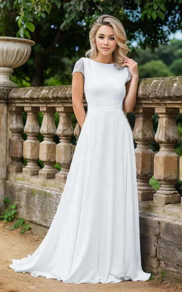Casual Lace Bell Satin A-Line Bateau Keyhole Solid Reception Wedding Dress with Train