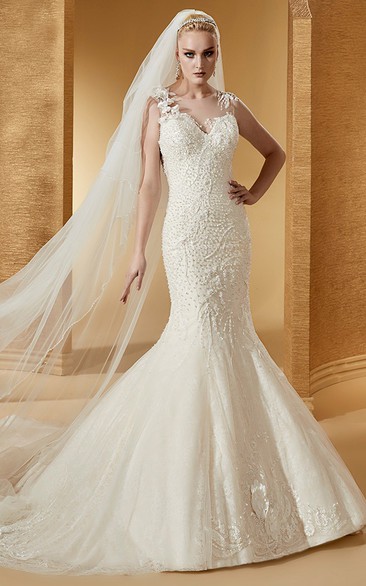 Cap Sleeve Mermaid Lace Long Wedding Dress With Illusive Appliques Neckline And Court Train