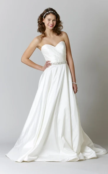A-Line Sleeveless Sweetheart Criss-Cross Floor-Length Satin Wedding Dress With Waist Jewellery