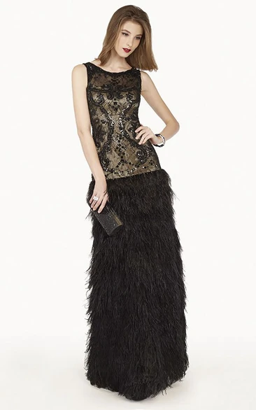 Scoop Neck Drop Waist Lace Long Prom Dress With Feather Skirt And Crystal