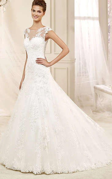 Cap sleeve A-line Wedding Gown with Illusive Design and Appliques