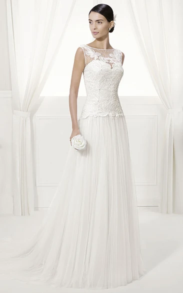 Jewel Neck Appliqued Bodice Bridal Gown With Pleated Tulle Skirt